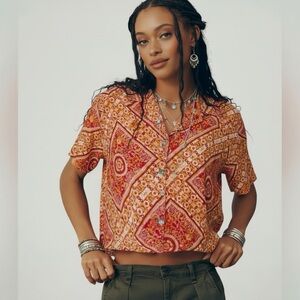 Anthropologie Rose + Olive Blouse Tangerine Button Up Print Short Sleeve NWOT L